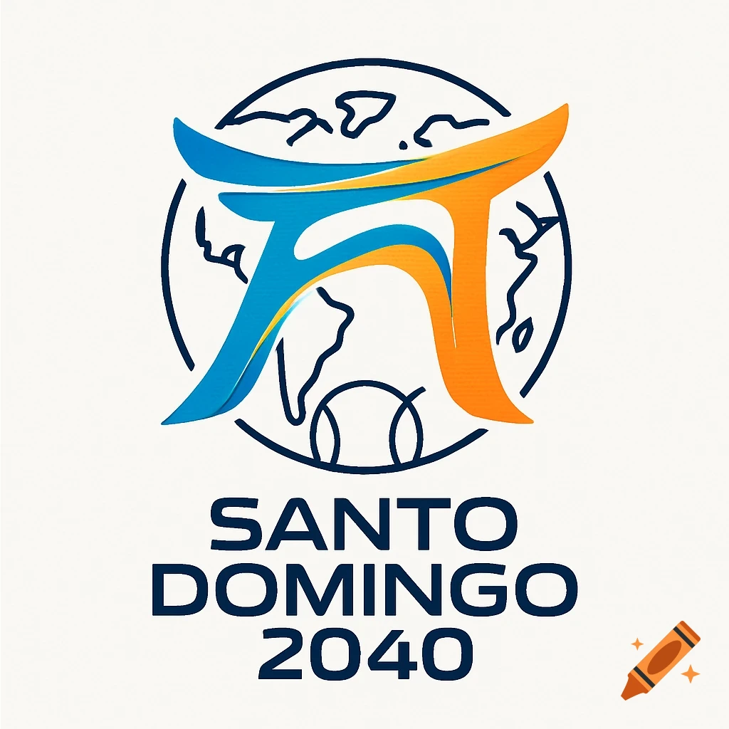 A logo for Santo Domingo 2040, featuring abstract blue and orange shapes over a stylized world map outline and tennis balls.