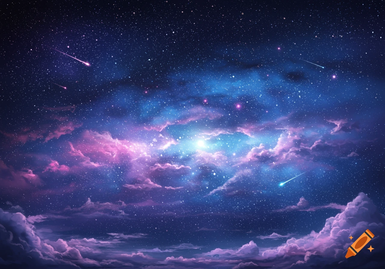 A vibrant, colorful space scene with a bright nebula, countless stars, and shooting stars, with purple and pink clouds.