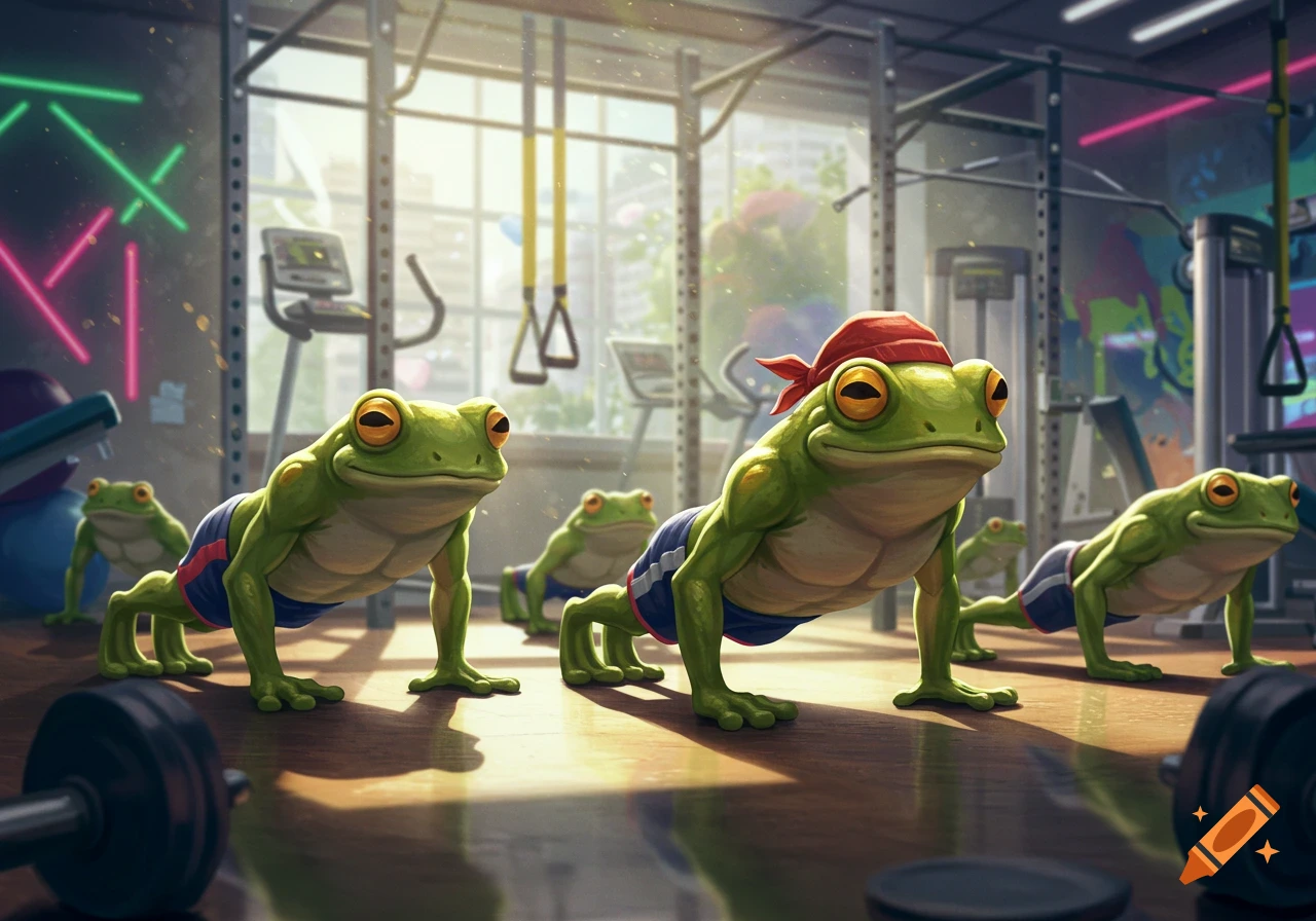 Cartoon frogs in a gym doing push-ups. One frog wears a red du-rag.