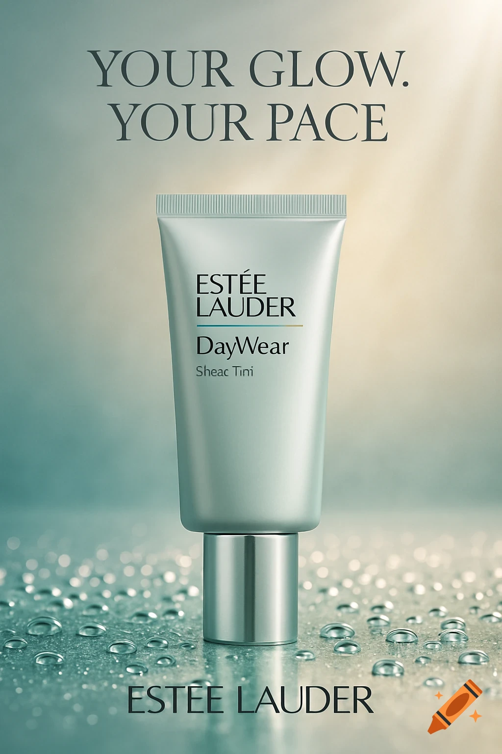 A photorealistic luxury advertisement for Est nee Lauder DayWear Sheer Tint, with a product tube standing on a wet surface, tagline 'YOUR GLOW. YOUR PACE'.