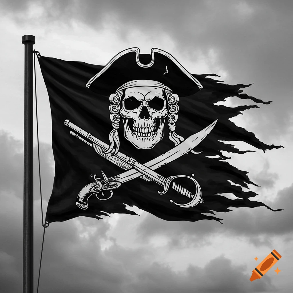 Black and white illustration of a tattered pirate flag with a skull wearing a bicorne hat and an aristocrat wig, crossed pistol, and cutlass against a cloudy sky.