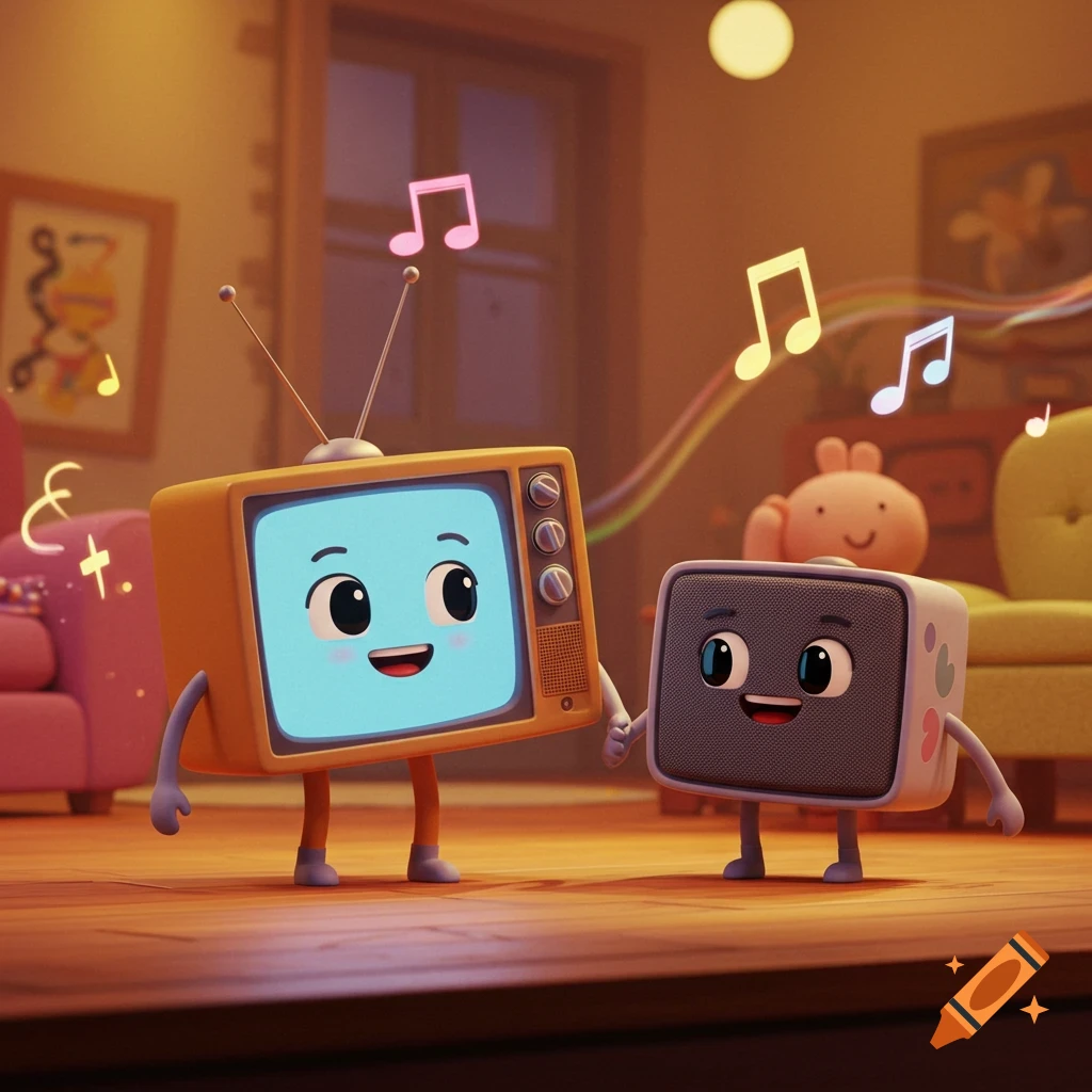 Two cheerful cartoon characters, a retro TV and a sound bar, holding hands while musical notes float around them in a cozy living room.