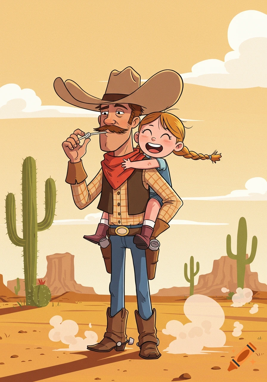 A cartoon illustration of a cowboy carrying a laughing girl piggyback in a desert landscape with cacti.