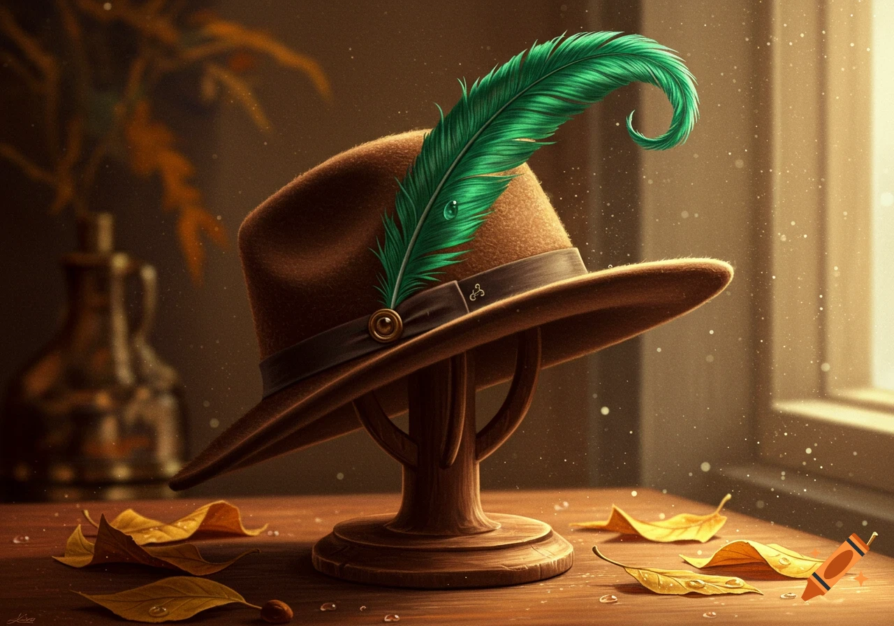 A brown felt hat with a vibrant green feather sits on a wooden stand, surrounded by golden autumn leaves and water droplets on a table, with a blurred window in the background.