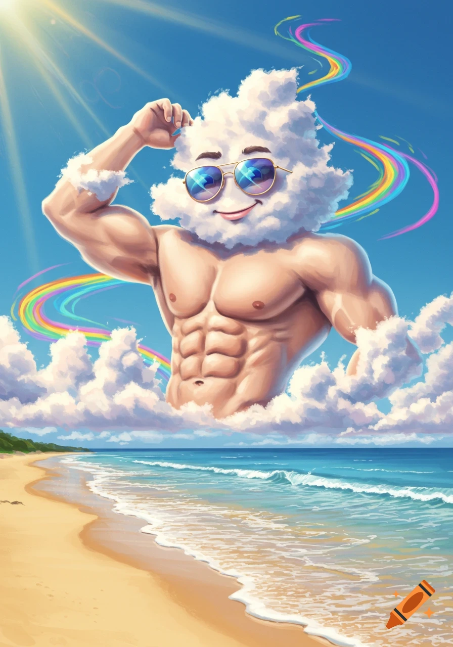 A muscular cloud character wearing sunglasses smiles at a sunny beach with a rainbow and clear blue sky, in a vibrant cartoon style.