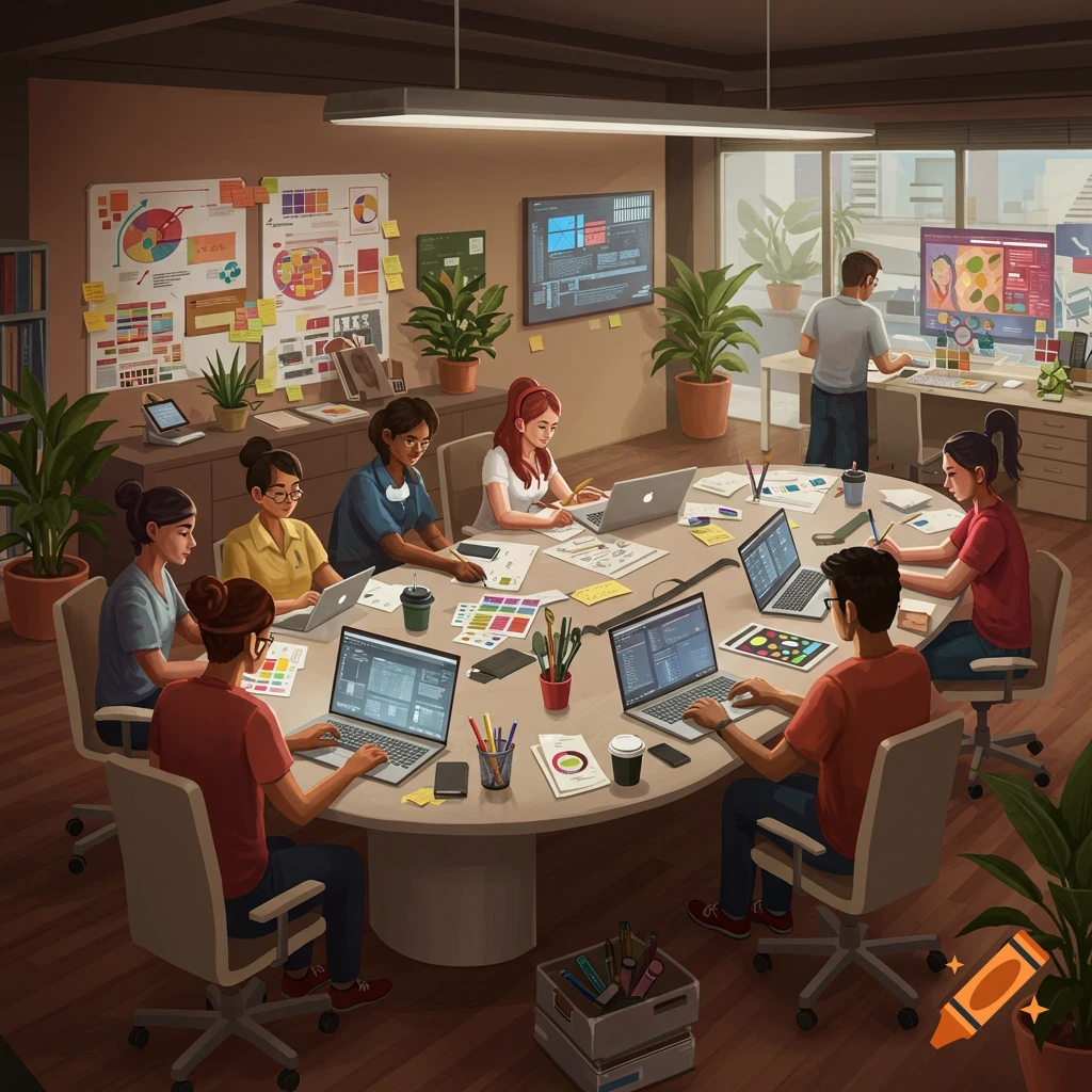 An illustrated group of diverse people in an office meeting room, collaborating around a large table with laptops, papers, and charts. One person works at a standing desk in the background.