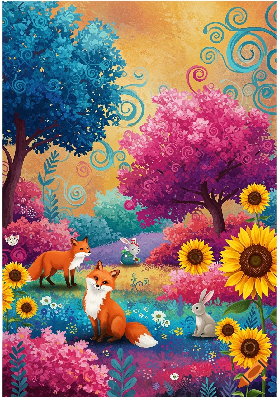 Two foxes and two rabbits in a vibrant, whimsical forest with colorful trees, sunflowers, and flowers.