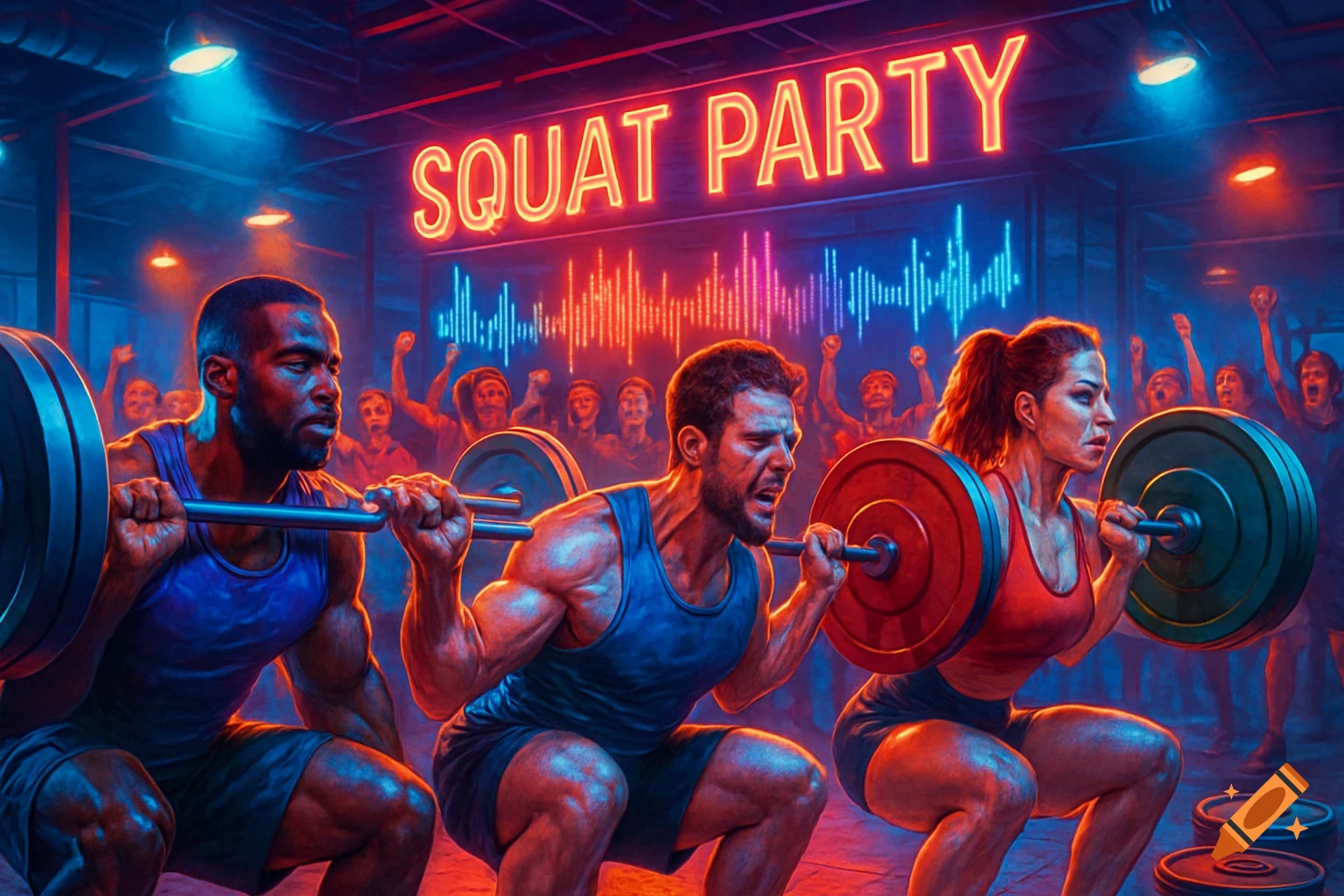 Two men and a woman squatting heavy weights in a neon-lit gym with a cheering crowd under a 'SQUAT PARTY' sign.