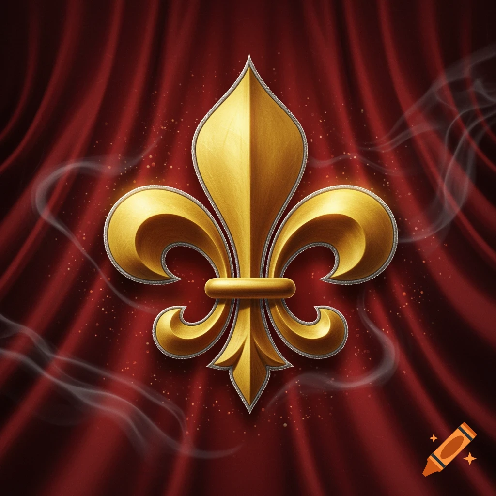 A detailed golden fleur-de-lis symbol centered on a rich red velvet background with subtle smoky trails.