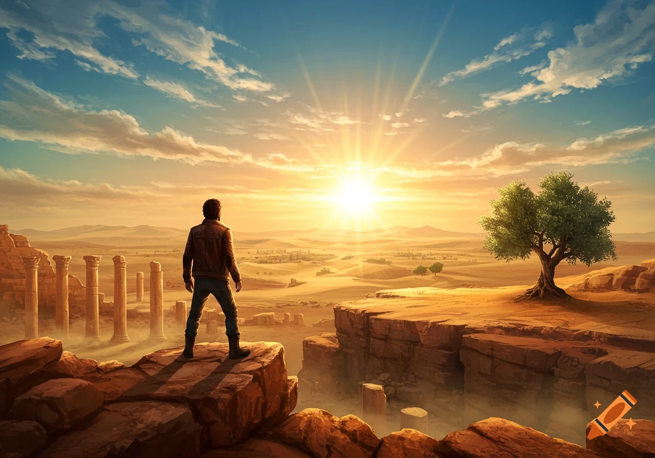 A man stands on a cliff overlooking a vast desert with ancient ruins, a tree, and a bright sun in a blue sky.