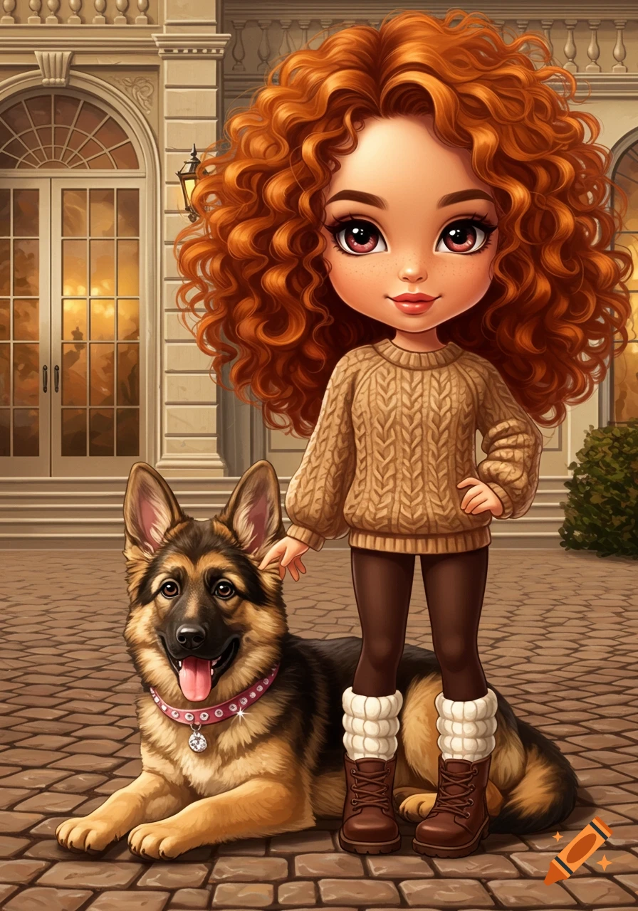 A chibi woman with red curly hair in a tan sweater stands beside a German Shepherd dog on a cobblestone path in front of a house.