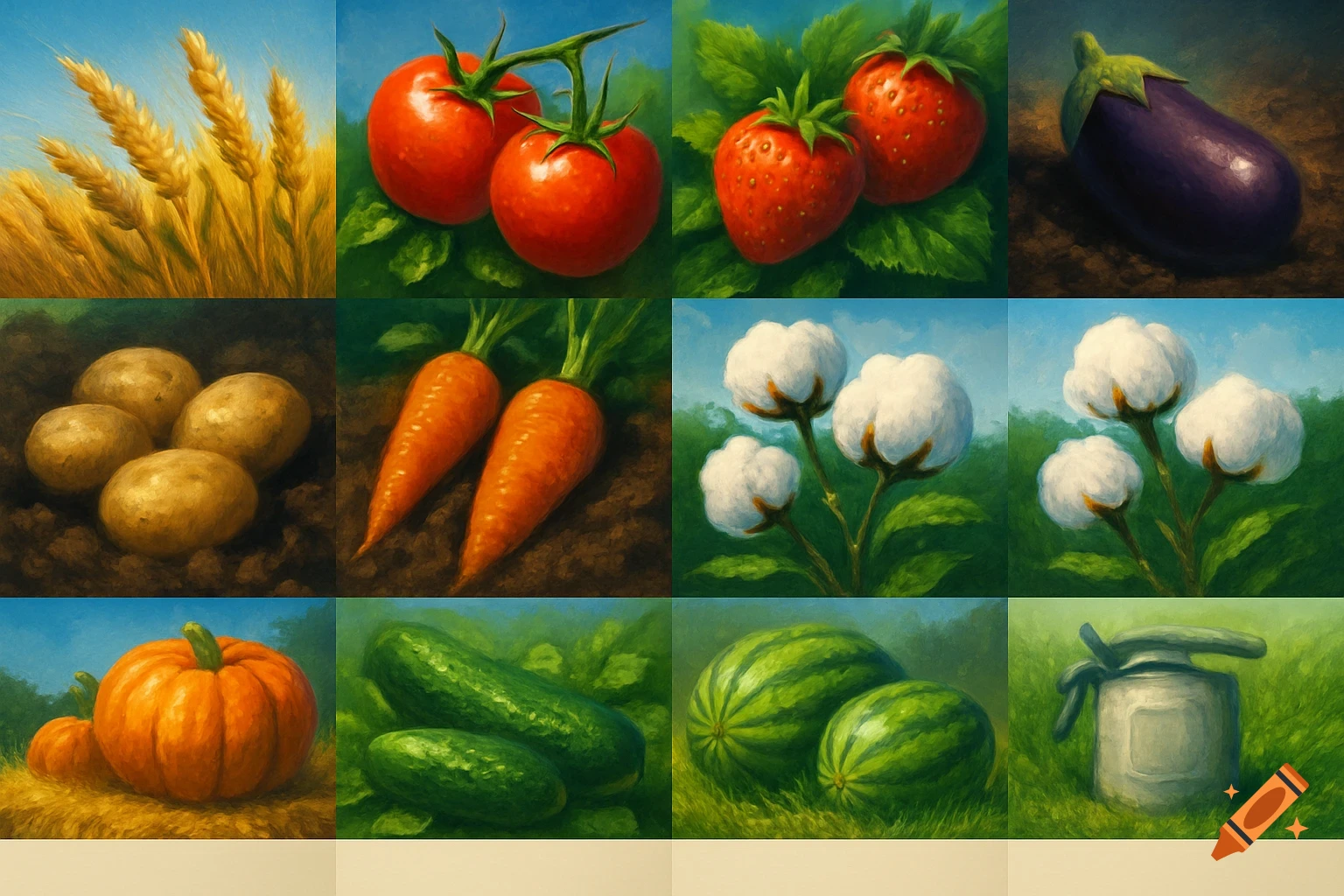 Grid of semi-realistic illustrations showing wheat, tomatoes, strawberries, eggplant, potatoes, carrots, cotton, pumpkin, cucumbers, watermelons, and a sprinkler.
