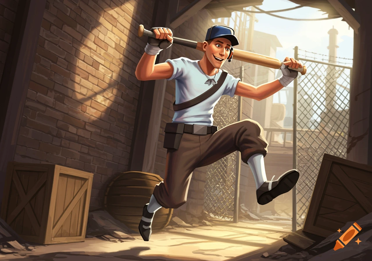 The Scout character from Team Fortress 2 runs through a sunlit alley, holding a baseball bat over his shoulder in a stylized illustration.