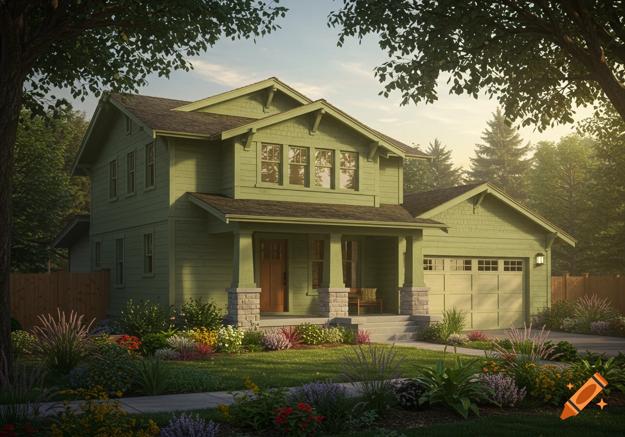 A photorealistic sage green craftsman-style house with an attached garage, surrounded by colorful landscaping under a sunny sky.