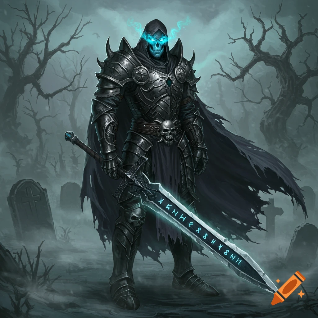 A dark fantasy illustration of a skeletal death knight in black armor with glowing blue eyes, holding a glowing runic sword in a misty graveyard.