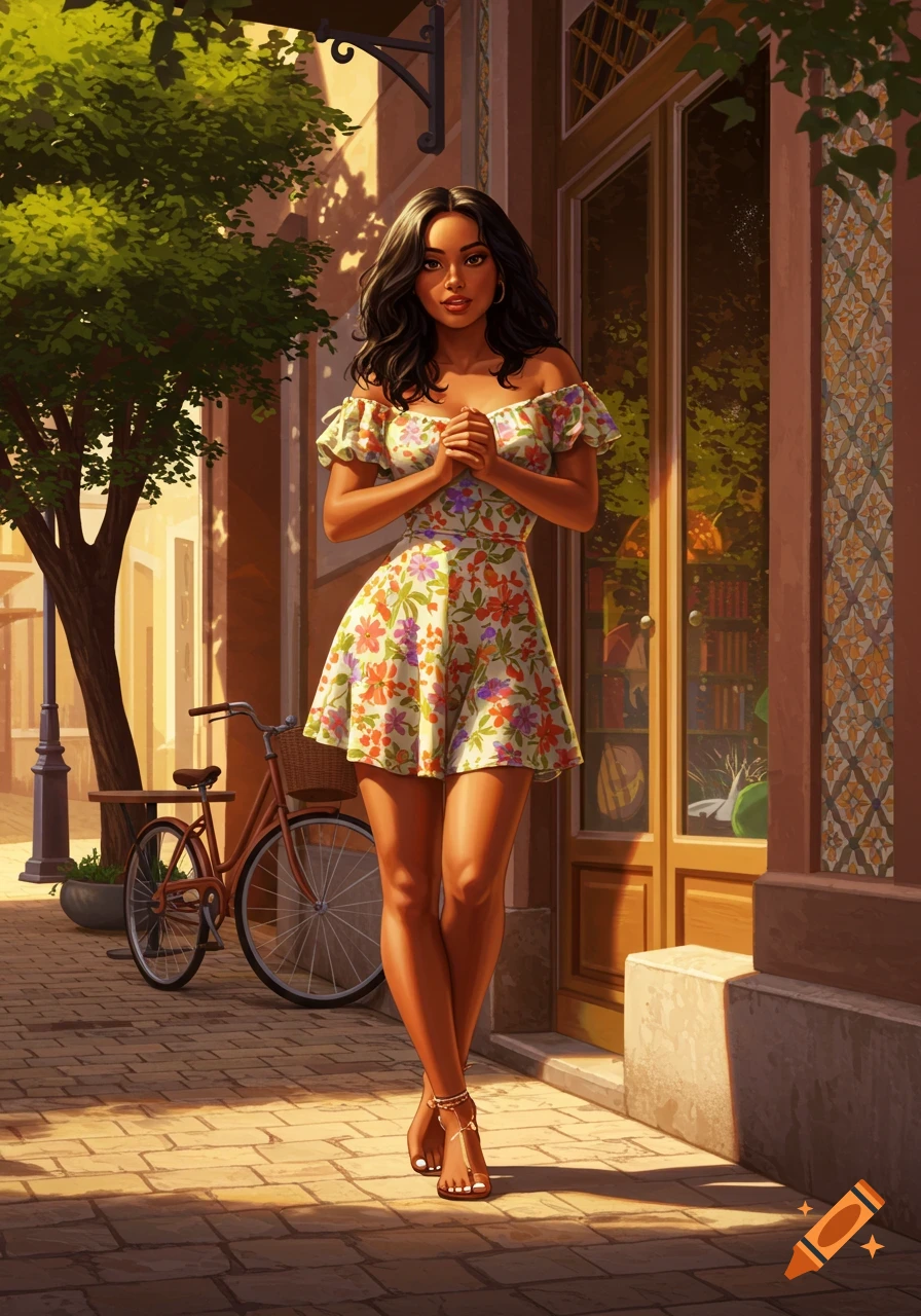 An illustrative image of a woman in a floral dress standing on a sunny street next to a bicycle.