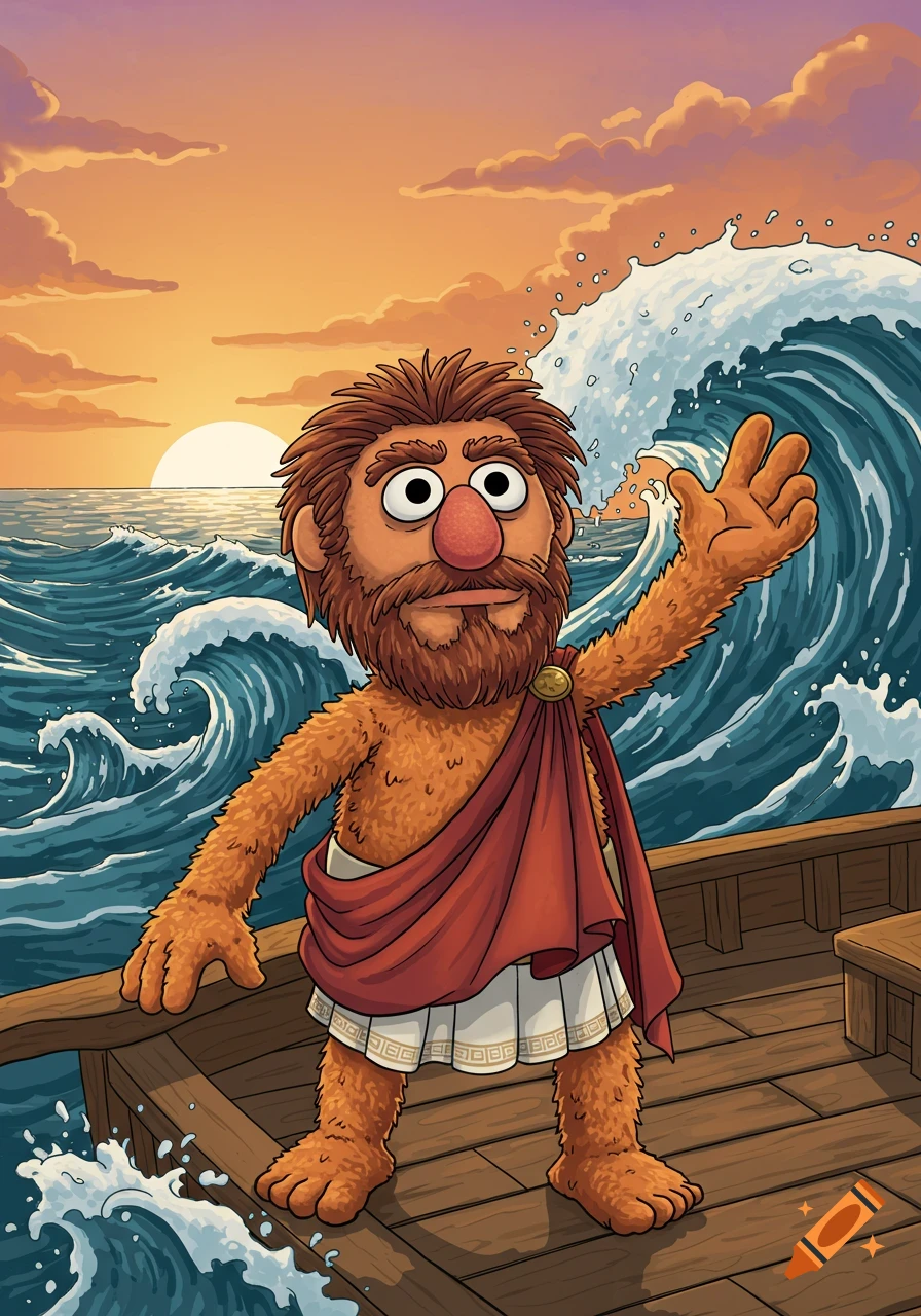 A Muppet-like character resembling Odysseus in a red toga stands on a boat with large waves and a sunset behind him.