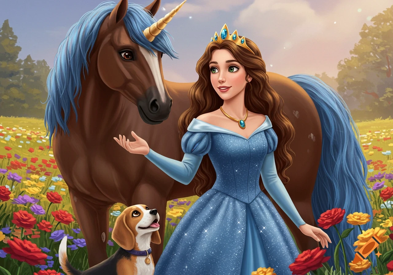 Disney-style illustration of a princess in a blue gown with her brown unicorn with a blue mane and a beagle dog in a field of colorful flowers.