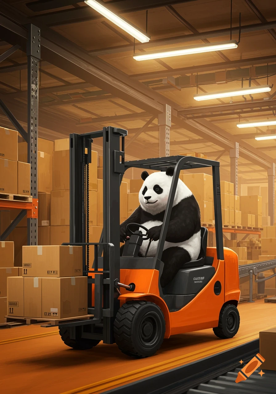 A smiling panda drives an orange forklift inside a busy warehouse filled with cardboard boxes.