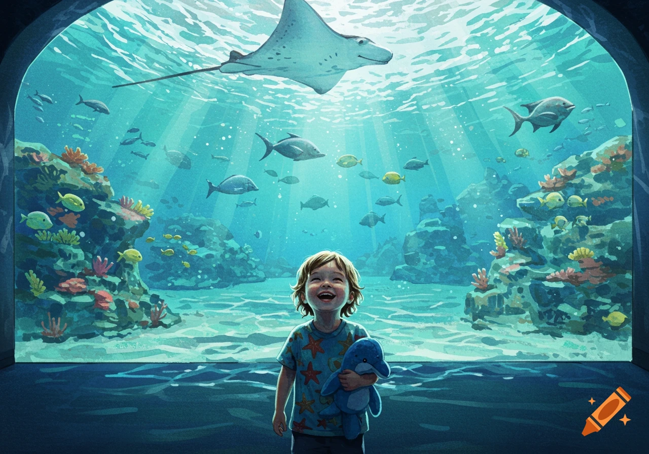 A happy child in a watercolor style looks up at a manta ray and fish swimming in a large aquarium window, holding a toy dolphin.