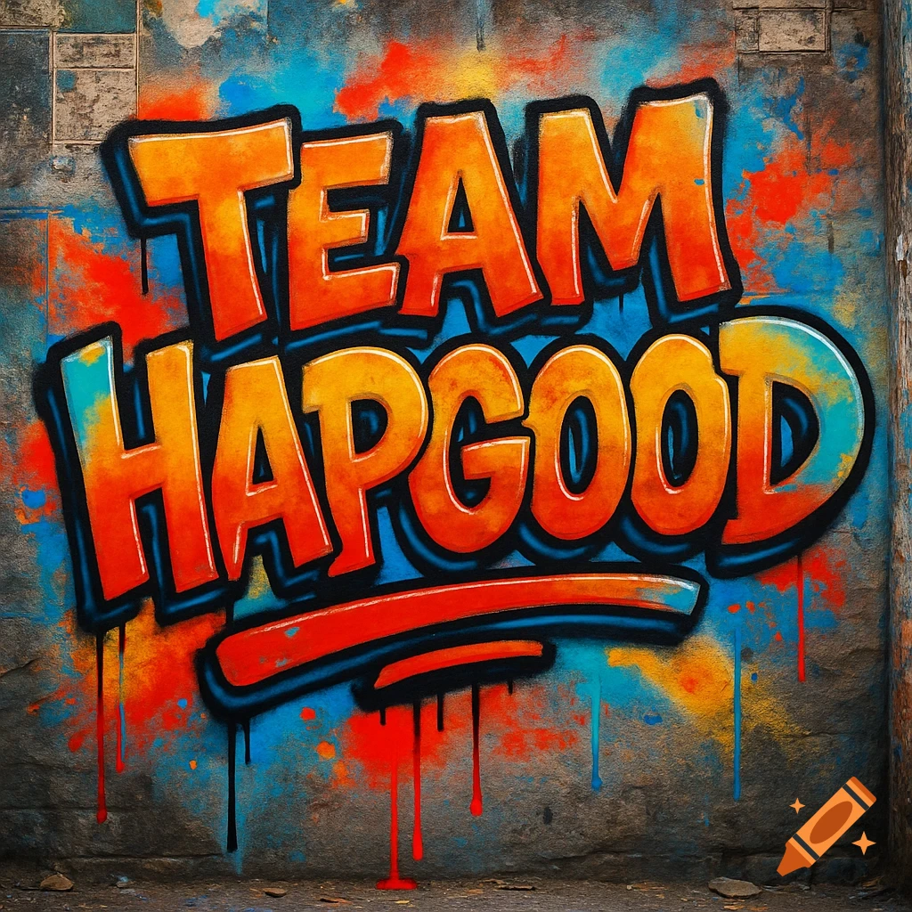 Grungy graffiti art on a wall displaying 'TEAM HAPGOOD' in orange and blue chunky bubble letters with drips.