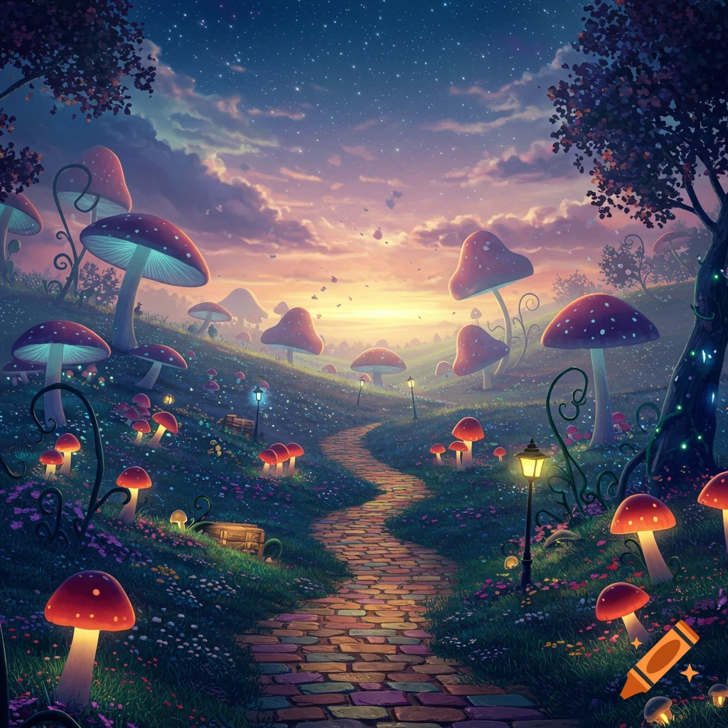 A magical fantasy landscape at dusk with a winding cobblestone path, glowing red and blue mushrooms, and wildflowers under a starry sky.