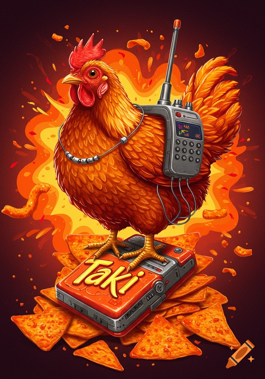 A stylized illustration of a chicken wearing a walkie-talkie, standing on a large Taki-branded device, surrounded by Taki chips, against a fiery, explosion-like background.