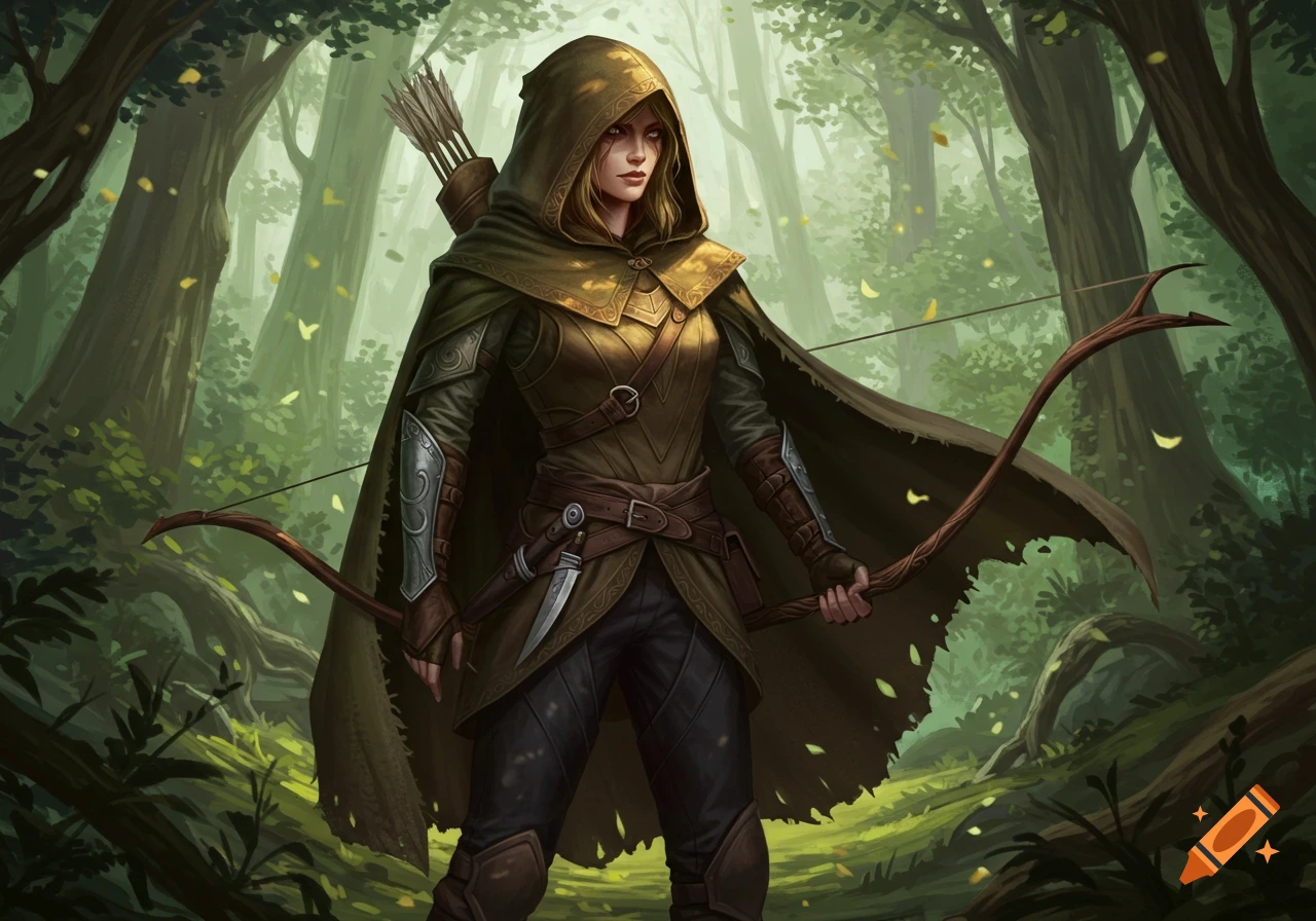 A hooded female wood elf rogue stands in a green forest, holding a bow. Digital painting style.