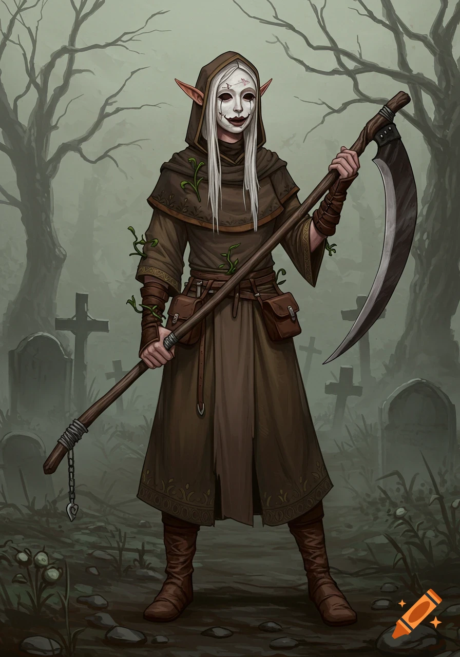 A robed elf-like cleric wearing a white porcelain mask with a creepy smile holds a scythe in a misty graveyard.