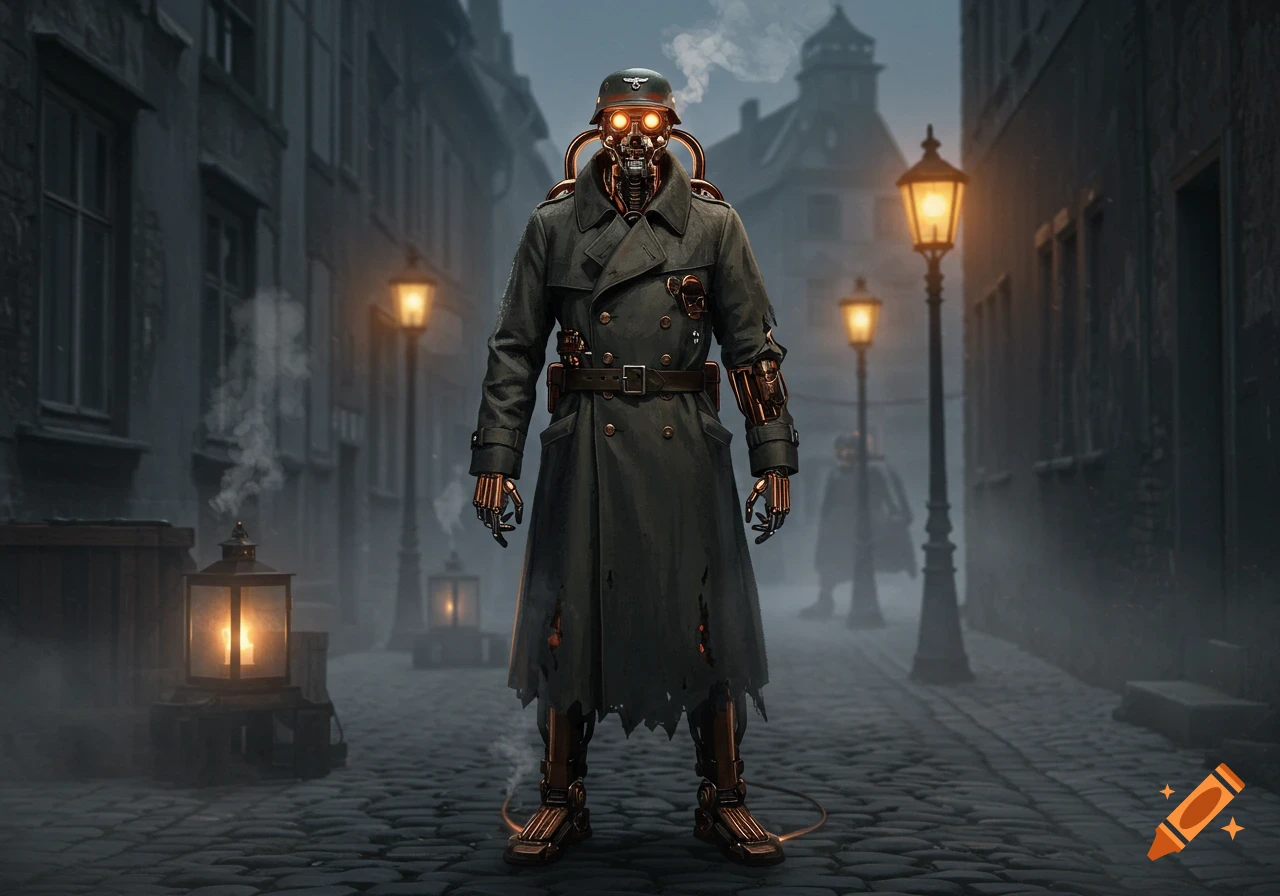 A menacing 1940s German cyborg in a tattered trench coat stands on a foggy cobblestone street at night, with glowing orange eyes and exposed metallic limbs, under the light of old streetlamps.