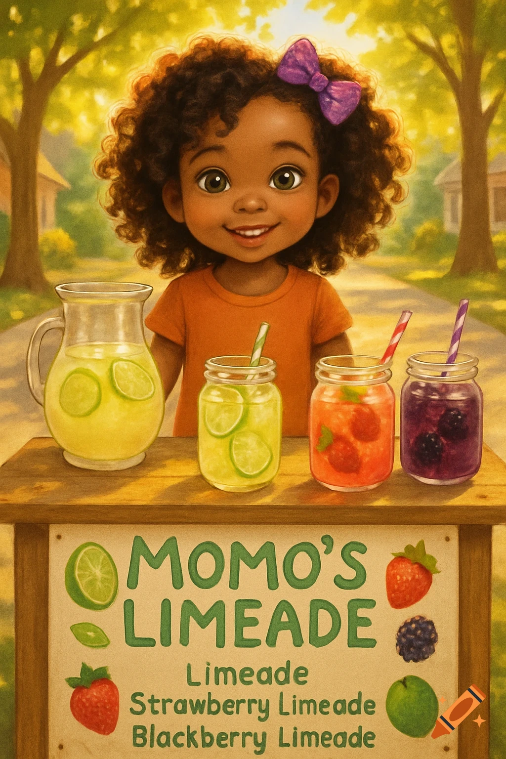 A smiling cartoon girl with curly hair and a purple bow sells limeade from a stand with a 'Momo's Limeade' sign.