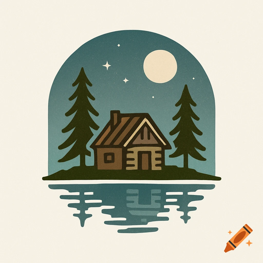 A stylized logo illustration of a rustic cabin nestled between two pine trees by a lake under a starry, moonlit night sky.