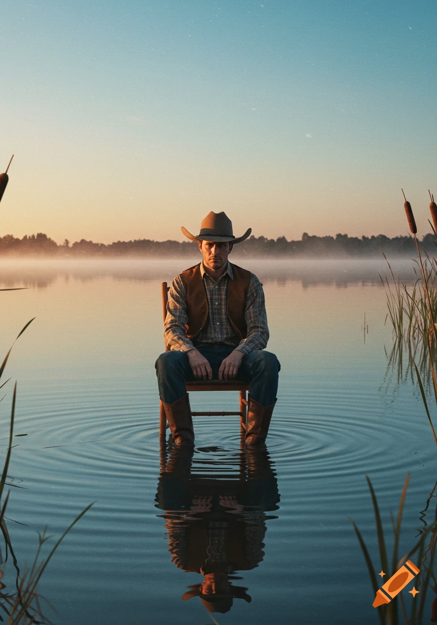 A stoic man in a cowboy hat and western wear sits on a wooden chair in the middle of a calm lake at sunrise or sunset, with a misty forest in the background and reeds in the foreground.