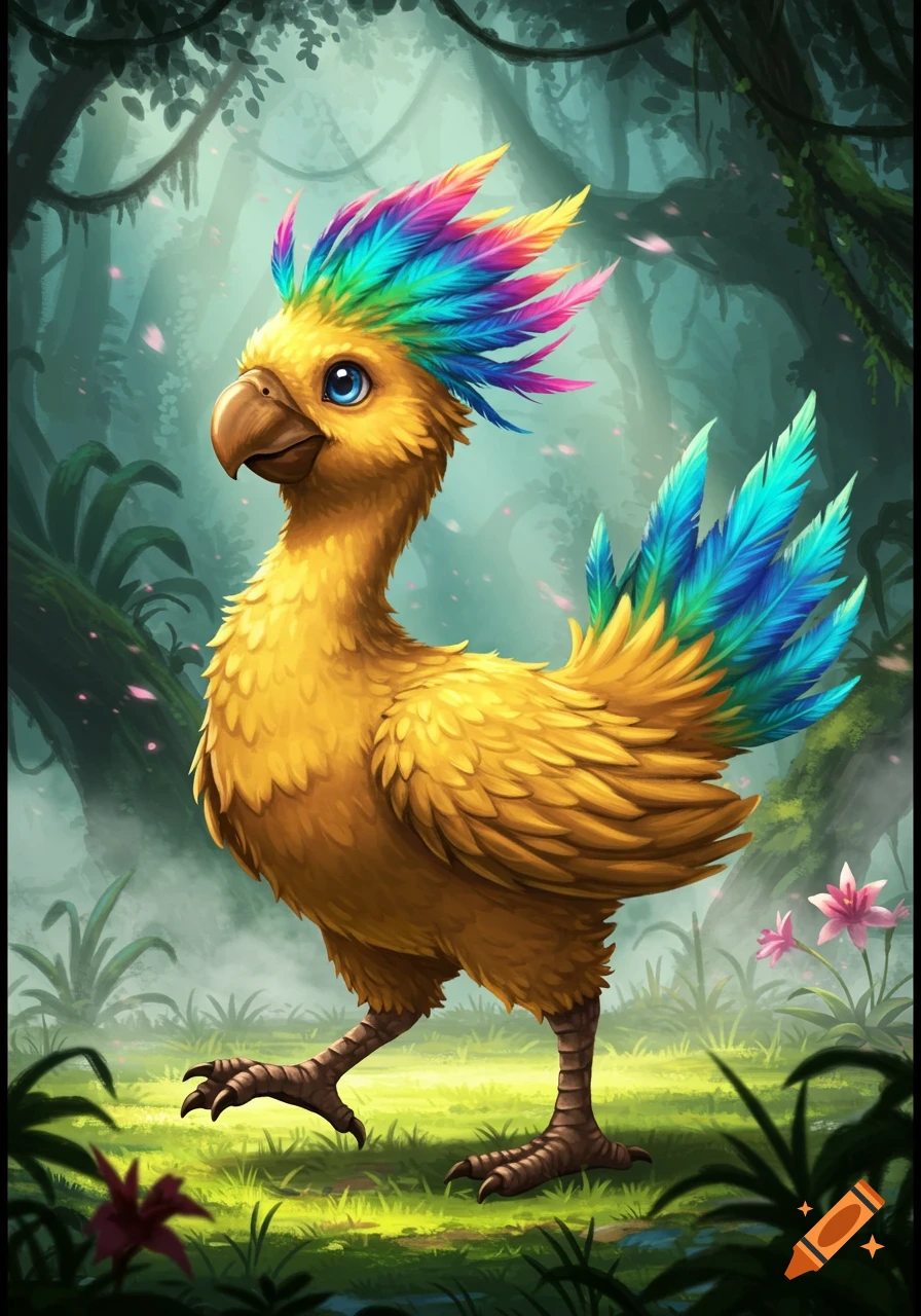A vibrant yellow bird with rainbow-colored feathers walks through a lush, magical forest.