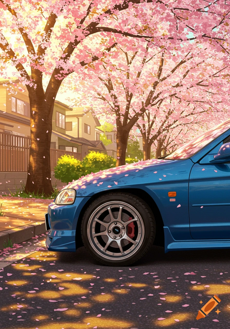 A blue car parked on a street with falling pink cherry blossoms in an anime art style.