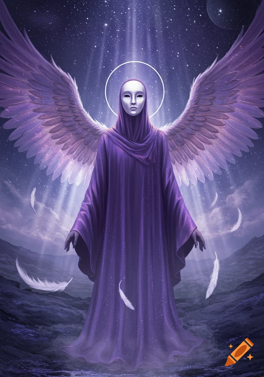A masked, winged figure in purple robes stands under a starry night sky with falling feathers.