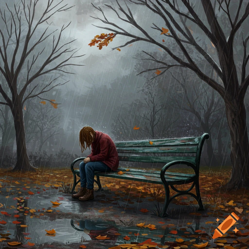 A person sits slumped on a park bench under bare trees in the rain, surrounded by fallen autumn leaves and puddles.