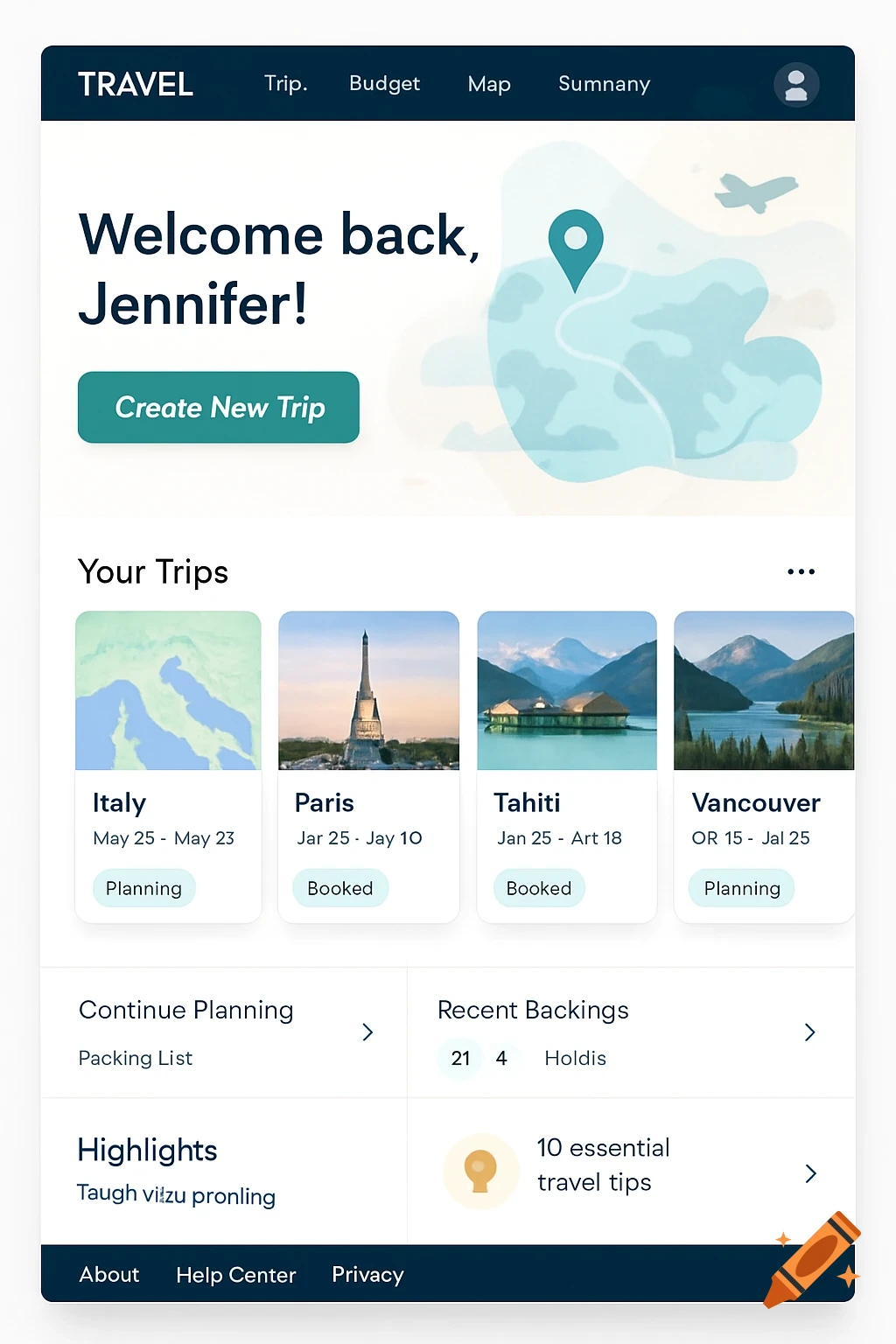 A mobile app homepage for travel planning, featuring a welcome message, trip listings for Italy, Paris, Tahiti, and Vancouver, and sections for planning and highlights.