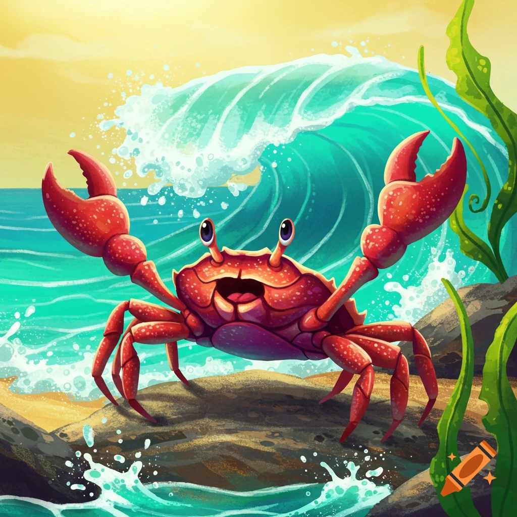 A vibrant, cartoon-style illustration of a happy red crab on a rocky beach with a large turquoise wave breaking behind it.