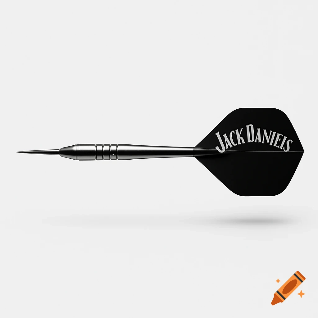 A black dart with a metallic barrel and 'Jack Daniels' written in white on the flight, on a white background.