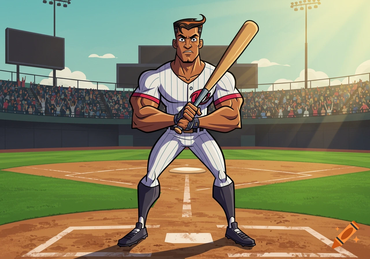 A muscular cartoon baseball player in a pinstriped uniform holds a bat, standing on a baseball field in a stadium.