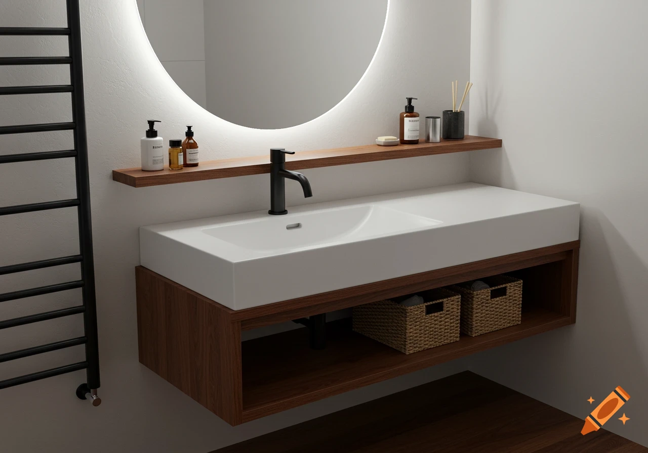 Modern bathroom with a wooden floating vanity, white rectangular sink, black faucet, and a round LED-lit mirror.