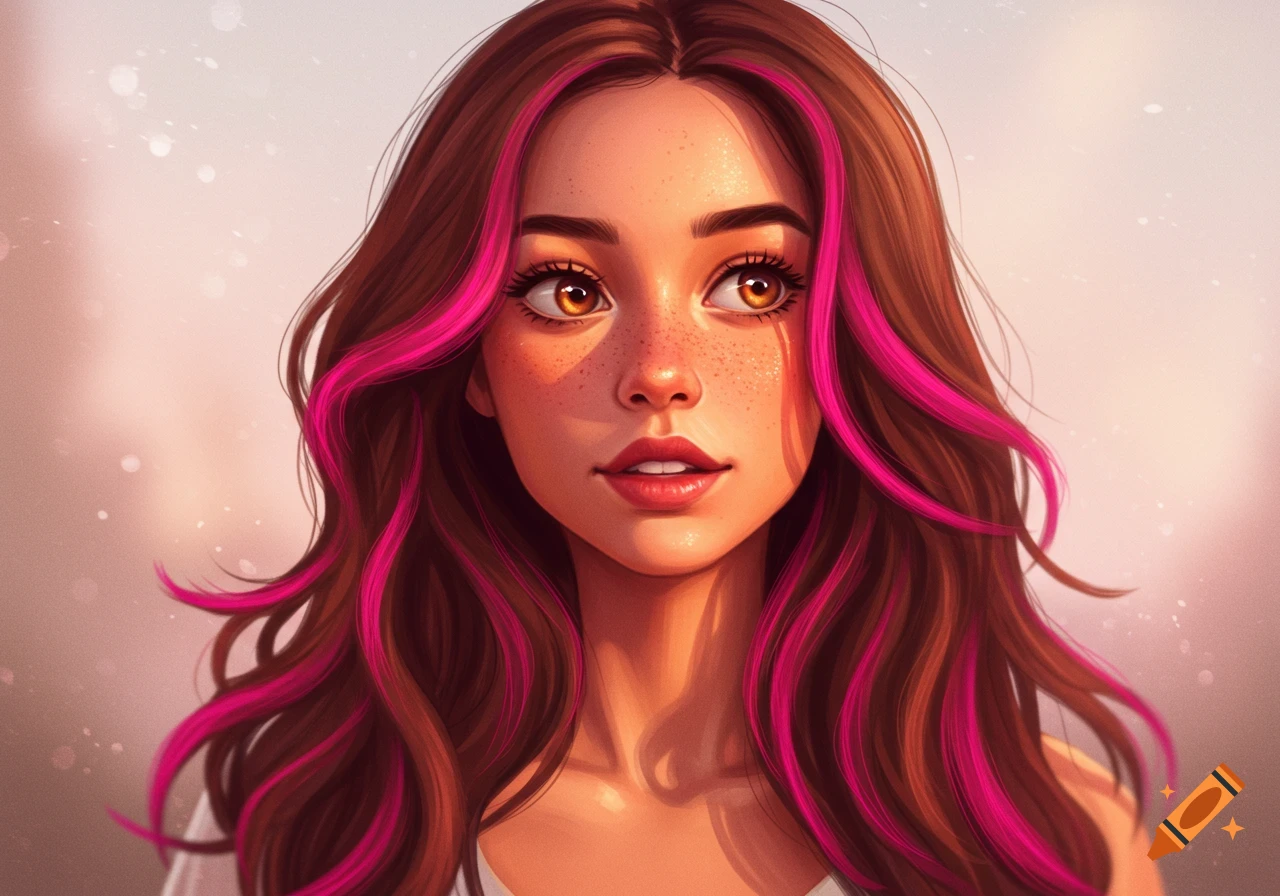 Stylized portrait of a young woman with long brown hair with pink streaks, freckles, and bright honey eyes looking up.