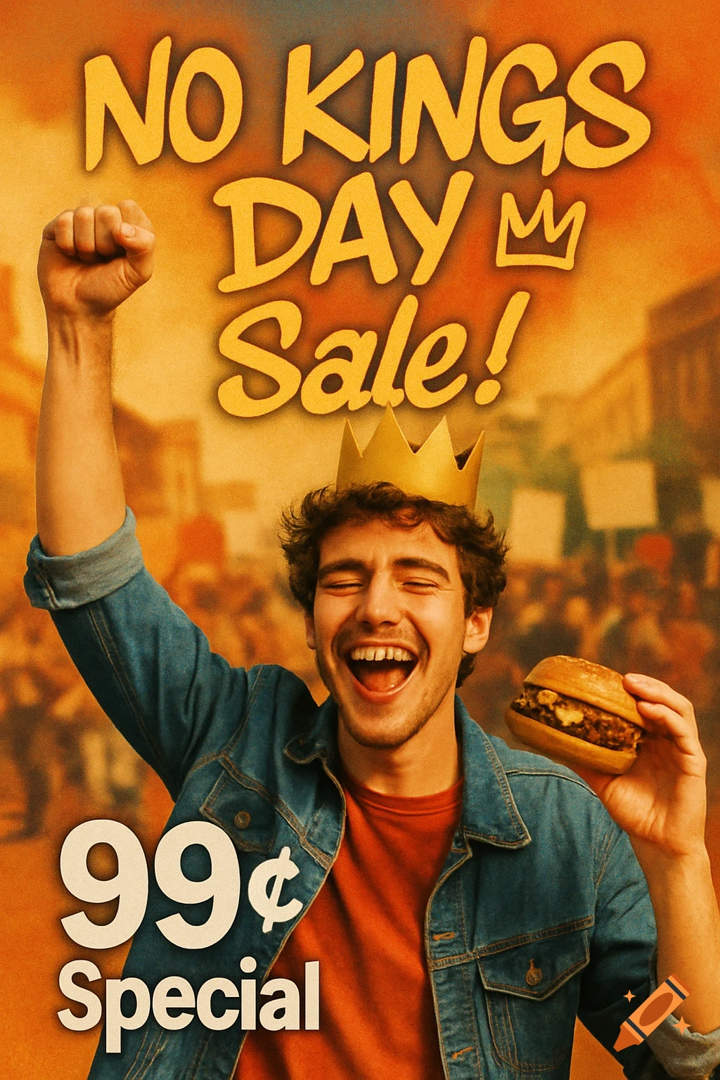 Advertisement for "NO KINGS DAY Sale!" with a cheering man wearing a crown and holding a burger, 99 Special.