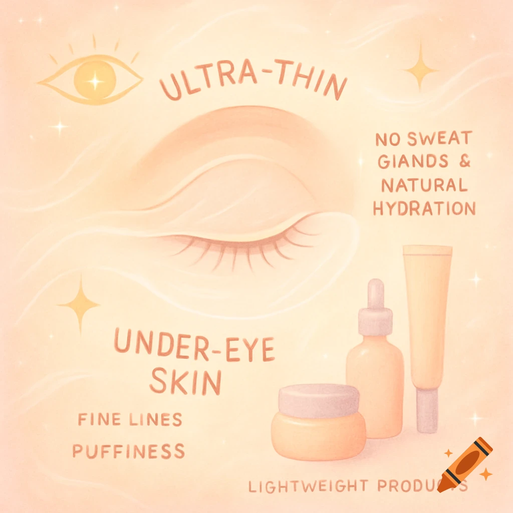 An illustration in warm tones showing an eye, under-eye skin, and various skincare product bottles, with text about the delicate nature of under-eye skin.