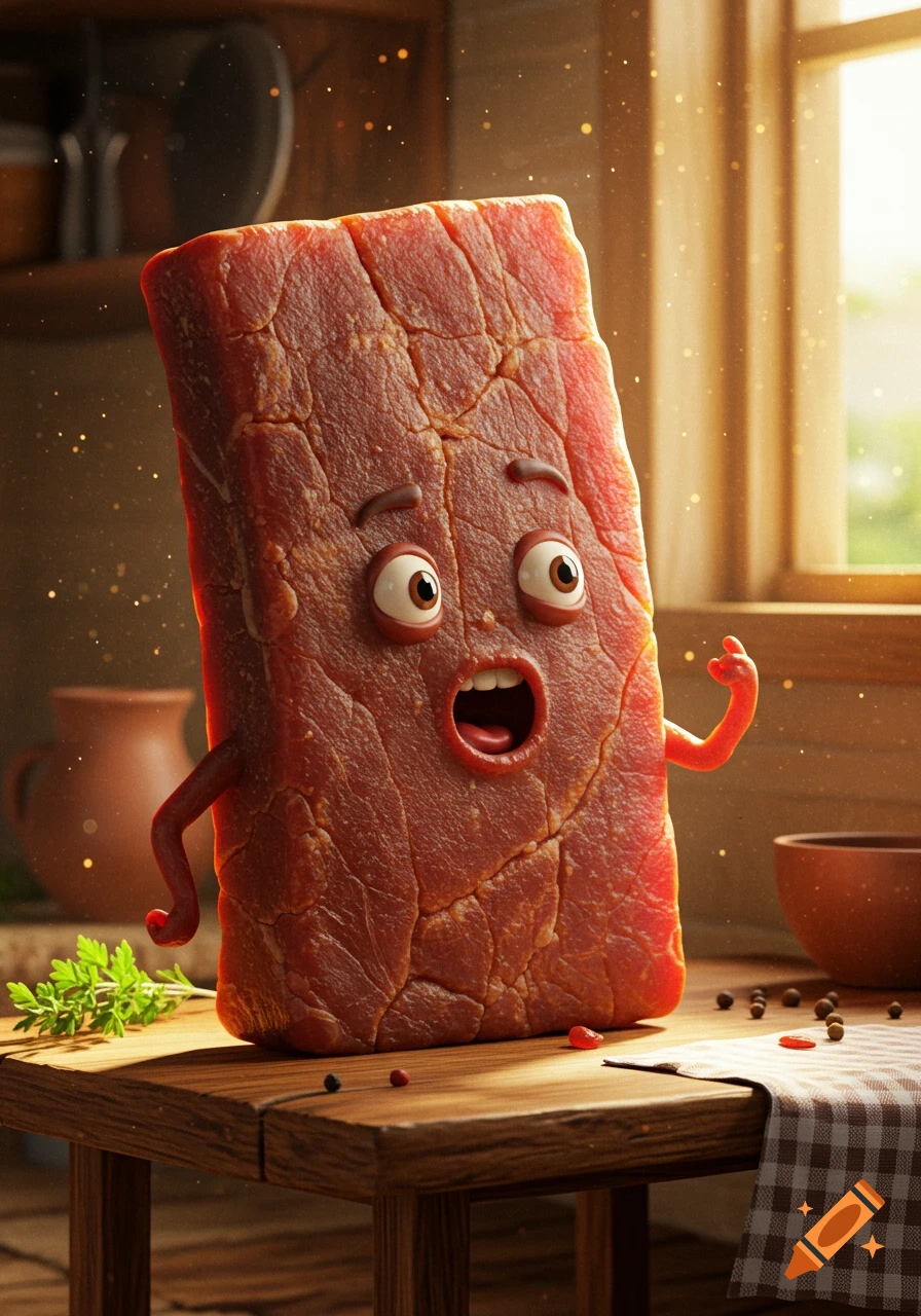 A surprised, anthropomorphic piece of raw meat with eyes and a mouth stands on a wooden kitchen table in a sunlit kitchen.