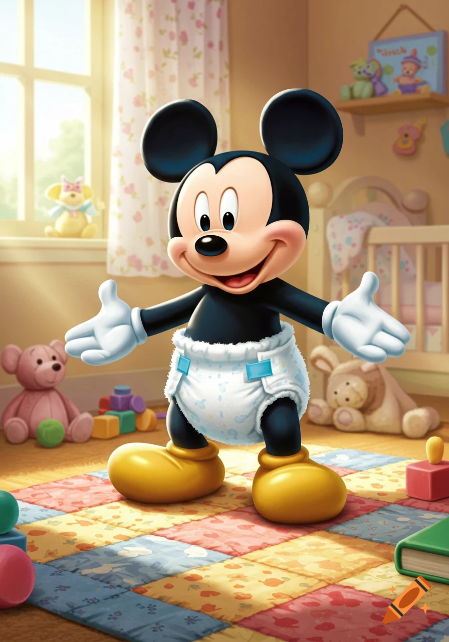Mickey Mouse stands smiling in a diaper in a bright baby nursery with toys and a crib, in a cartoon style.