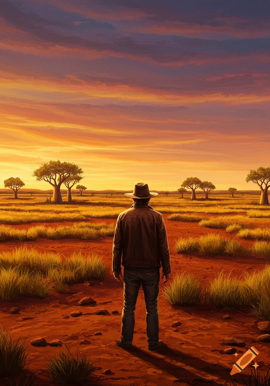A man in a hat views a vast, arid landscape with scattered trees under a dramatic orange and purple sunset sky, digital painting.