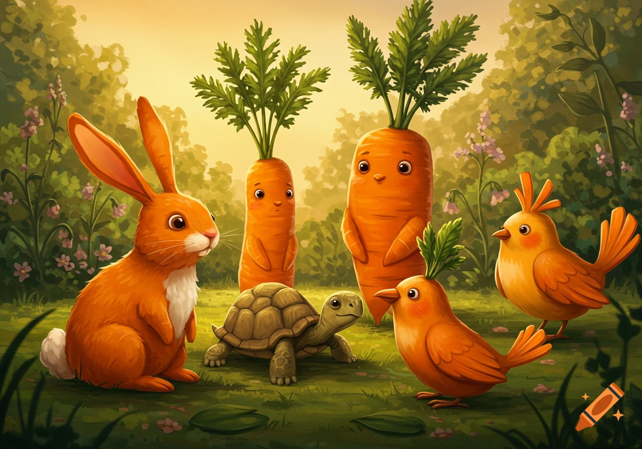 A whimsical cartoon shows an orange rabbit, a turtle, two birds, and two anthropomorphic carrots in a forest clearing.