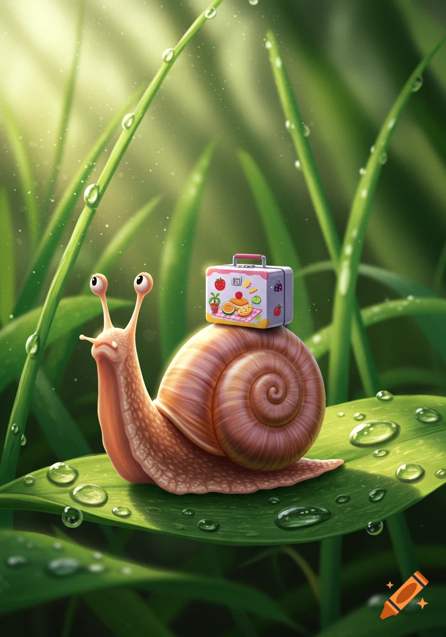 A cute, stylized snail with a lunchbox on its back, moving across a dewy green leaf in grass.